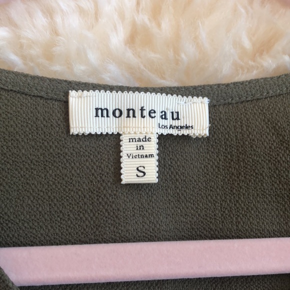MONTEAU Button up tie-front top in olive green. Size Small. - Picture 4 of 9